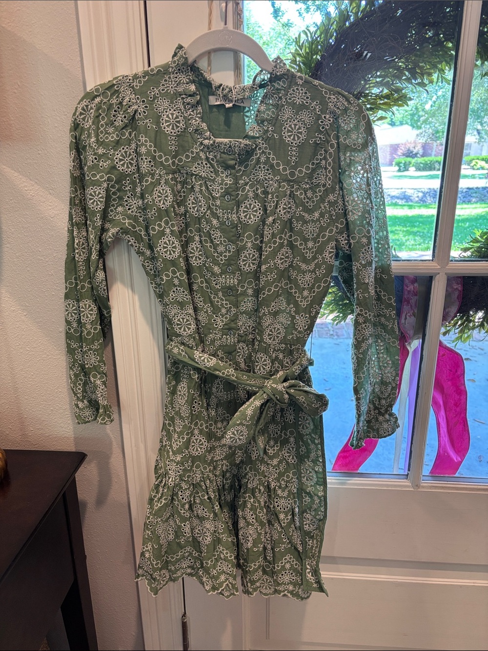 Olive Green Printed Tie-Waist Mini Dress